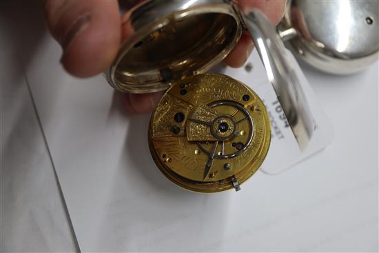 A Victorian silver pair cased pocket watch by M. Moore, Hilboro and two other silver fusee pocket watches.